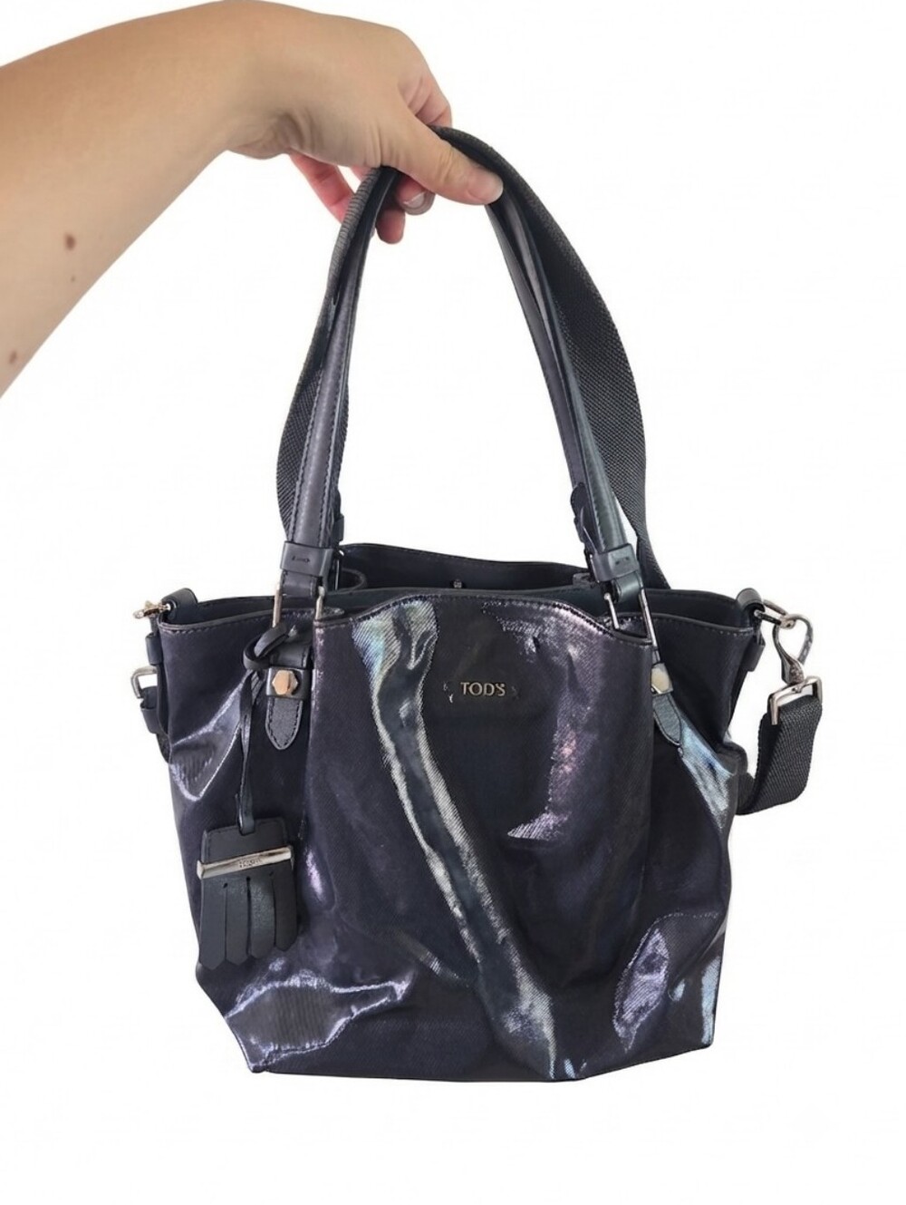 Tod's Dark Grey Coated Canvas Leather Trim 2-Way Tote Shoulder Bag Italy